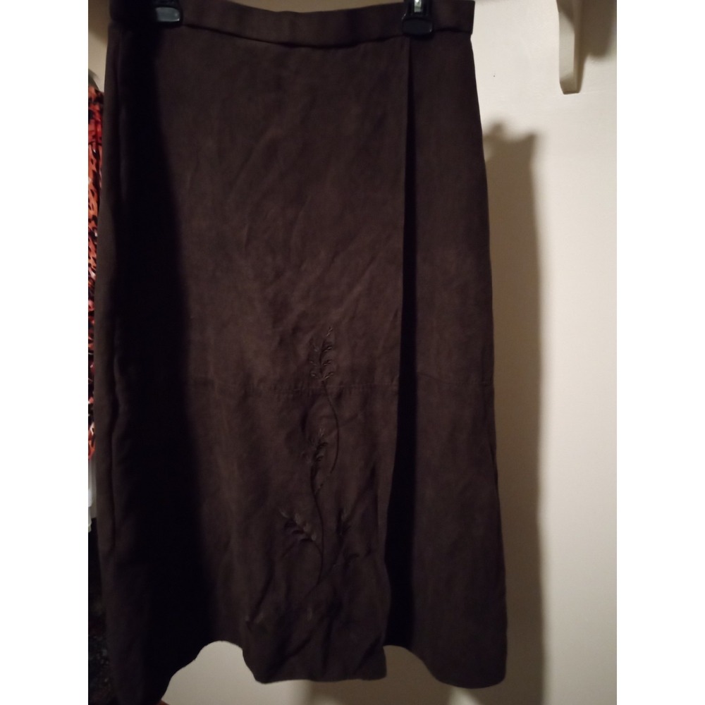 Bechamel Brown Faux Suede Embroidered Wrap Front Midi Skirt Womens Size 16
